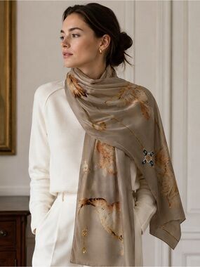 100% Silk Bird Print Rectangular Scarf 34x78 Neutral Taupe Long Wrap Shawl